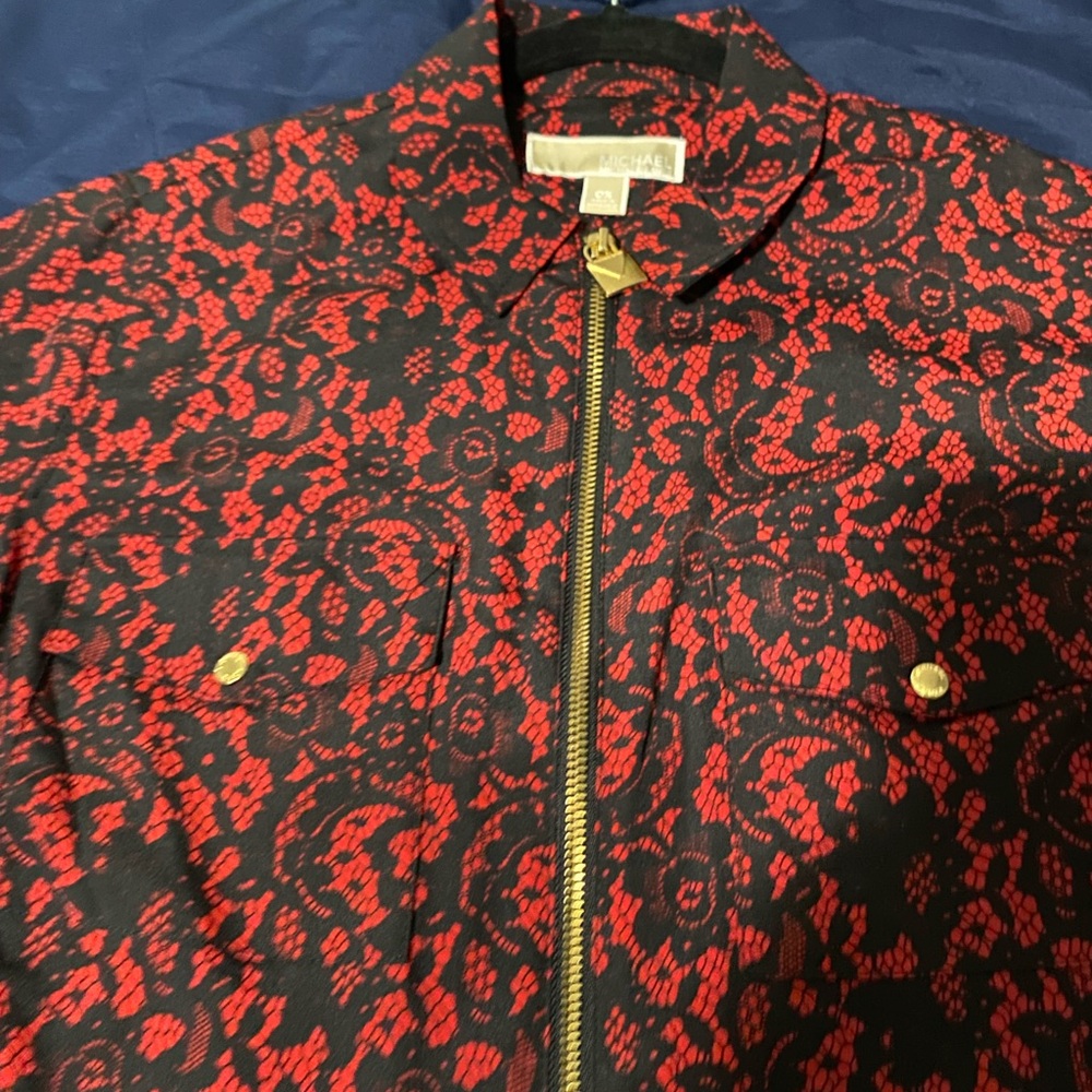 MICHAEL Michael Kors Red and Black Lace-Effect Zip Jacket Top
